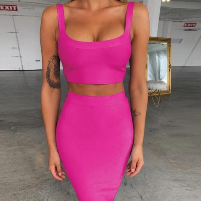 Solid Color Sling U-neck Short Top High Waist Slim Hip Skirt Bandage