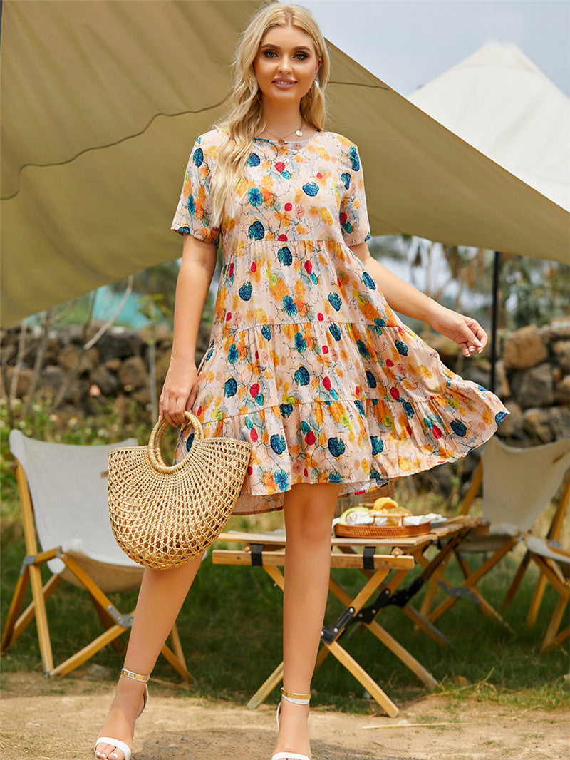 Robe décontractée à col rond et manches courtes, imprimée multicouches, ourlet large