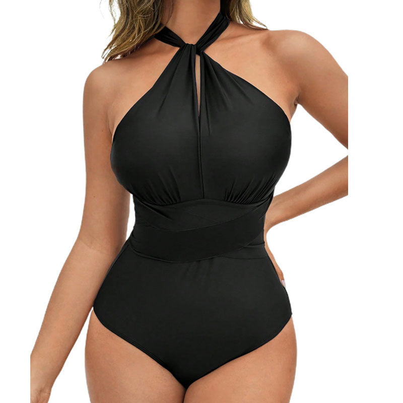 Traje de baño de una pieza adelgazante con cuello halter para mujer