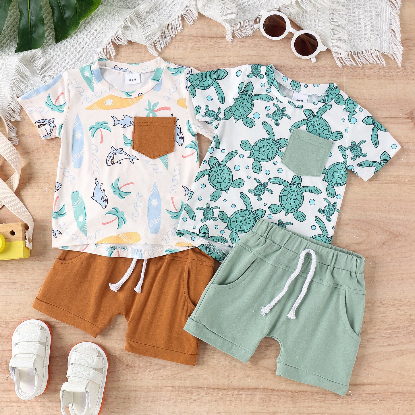 Traje de manga corta con estampado de tiburón tortuga para niños de verano