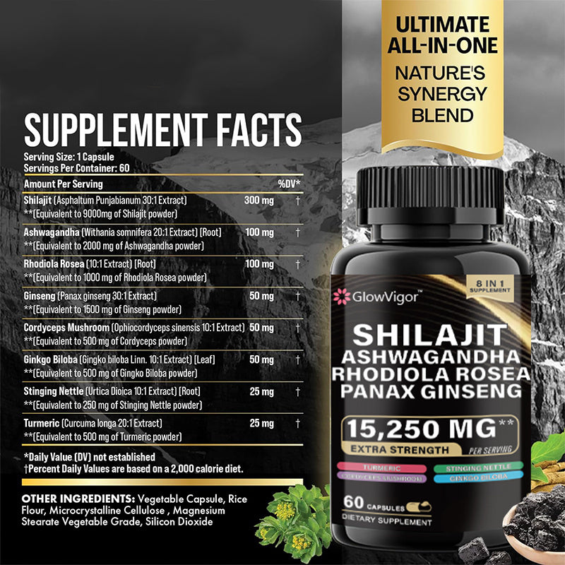 Shilajit GlowVigor, Ashwagandha, Rhodiola Rosea, Panax Ginseng