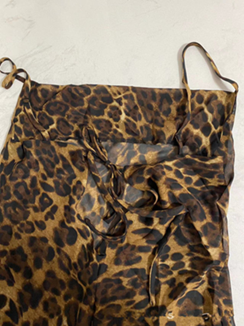 Clothing Slim Fit Backless See-through Leopard Print Dress