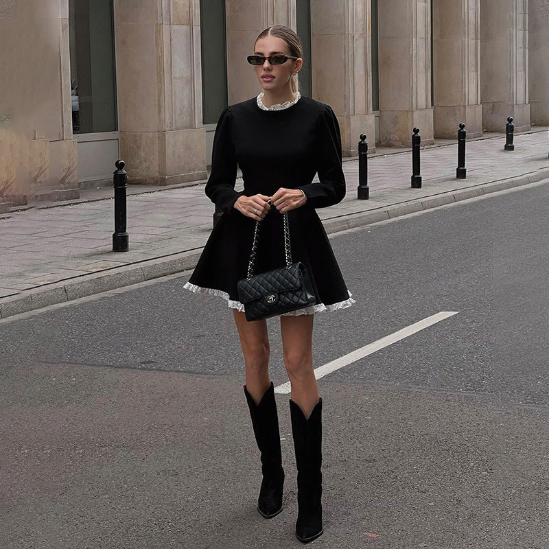 Contrast Color Fungus Long Sleeve A- Line Dress Women