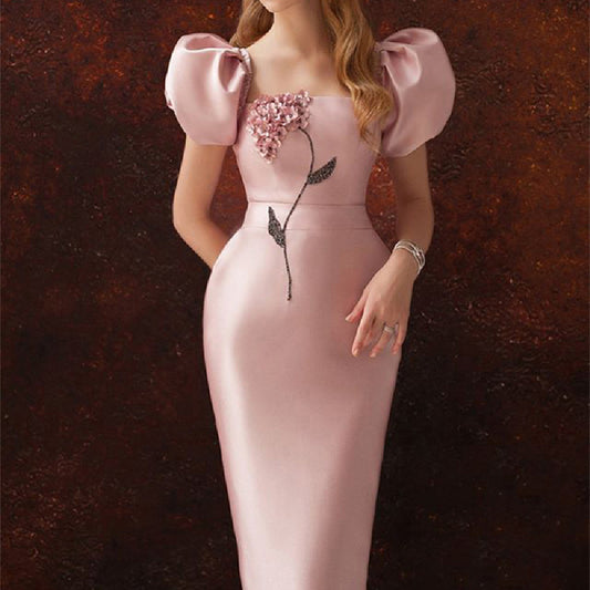 Robe élégante à manches bouffantes et fleurs 3D de haute qualité