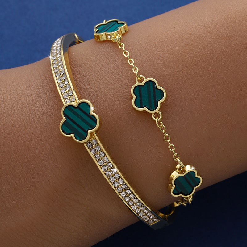 Pulsera de flores de cinco pétalos de la suerte Pulsera de flores de cinco hojas de dos piezas para mujer