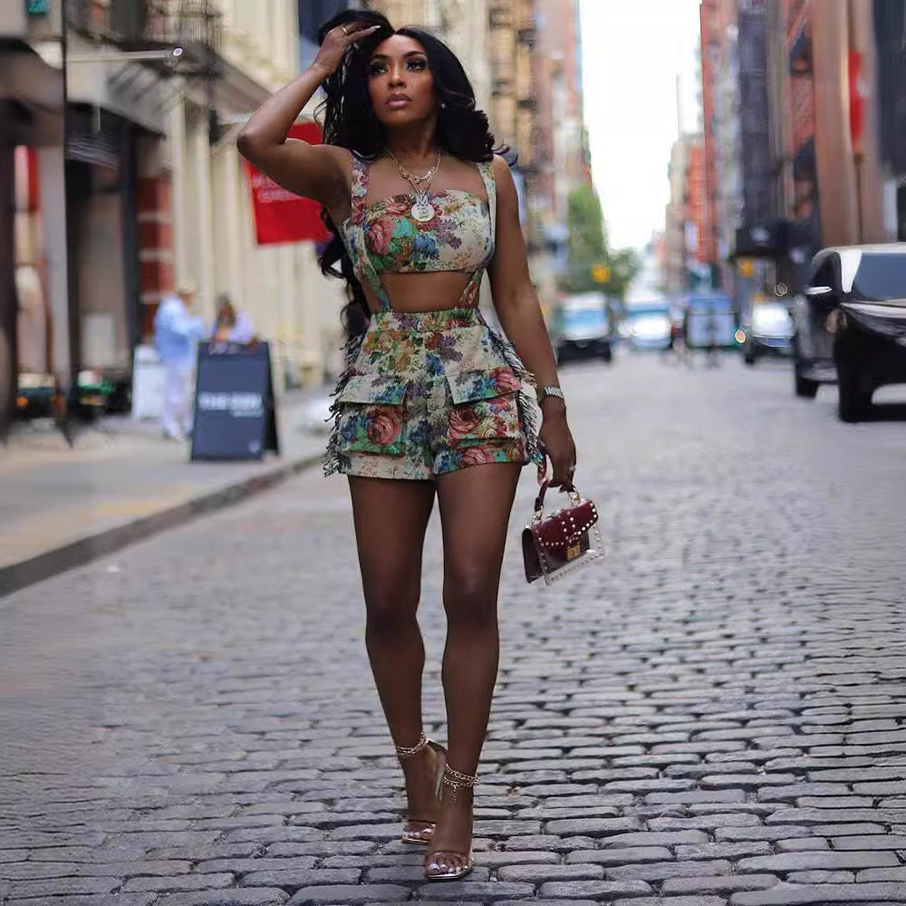 Vintage Flower French Court Tube Top Tassel Suspender Shorts Suit