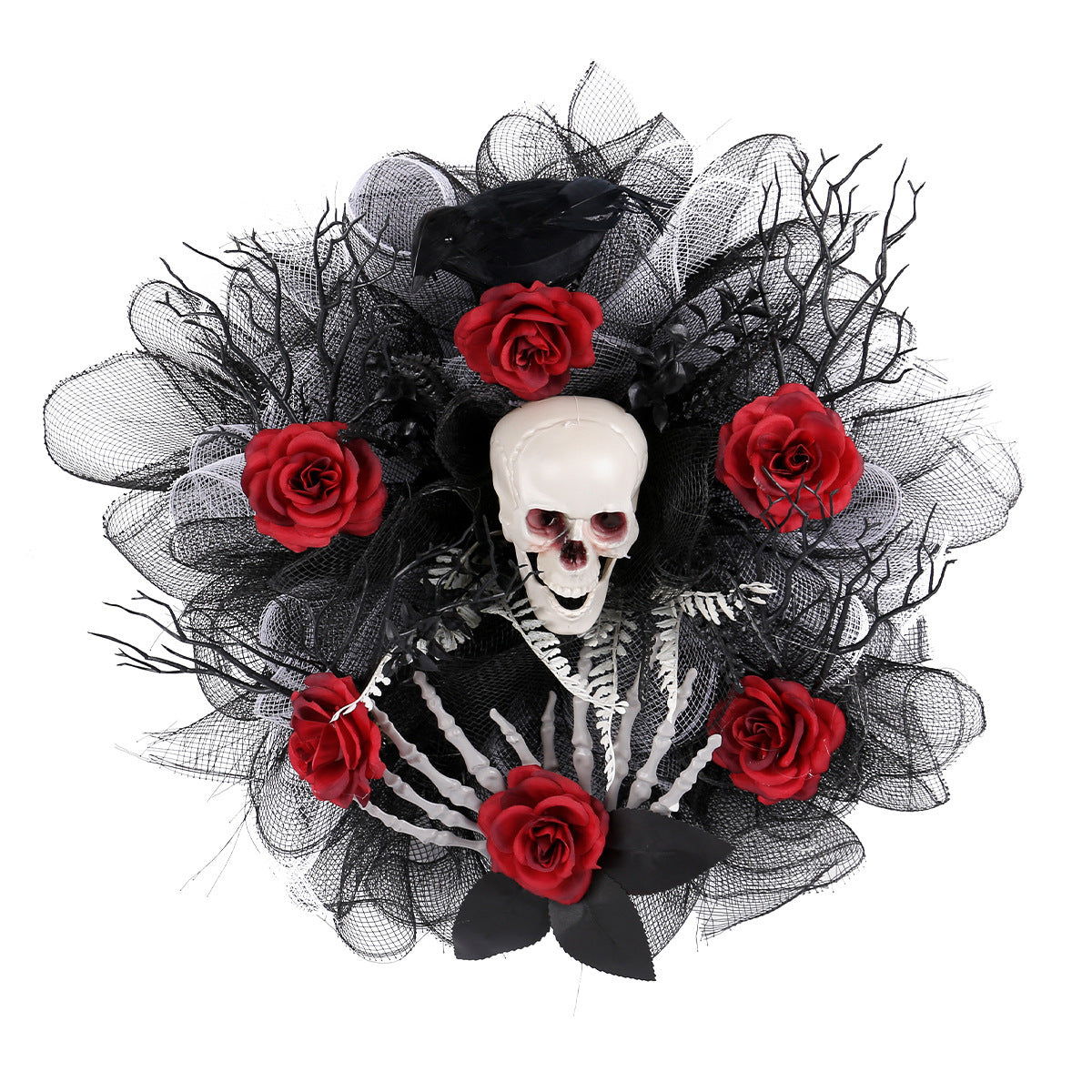 Guirlande de roses rouges et crânes en maille pour décoration de porte d'Halloween