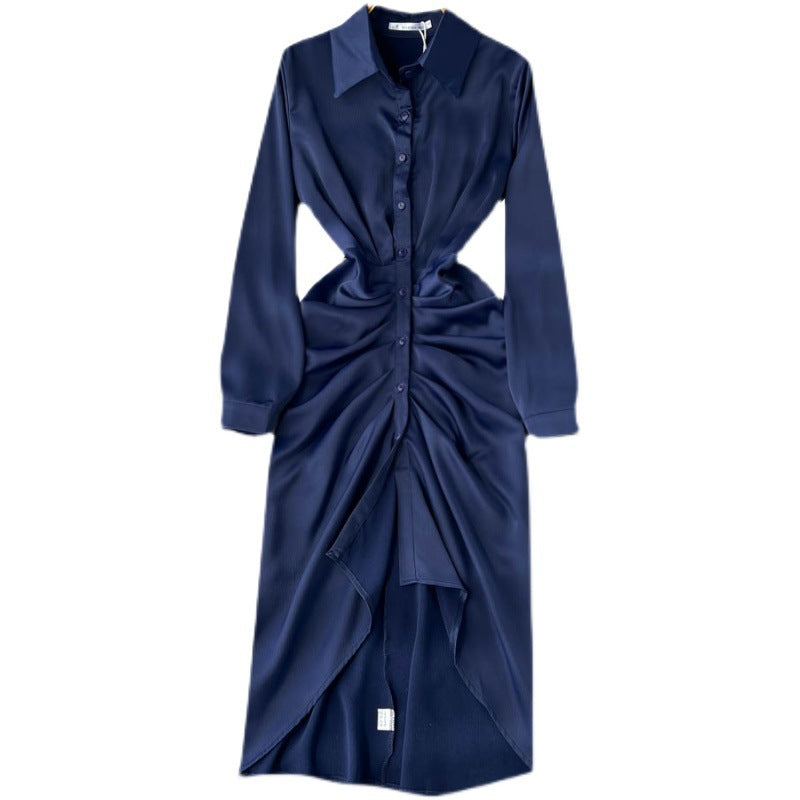 Irregular Pleated V-neck Shirt Dress Women's