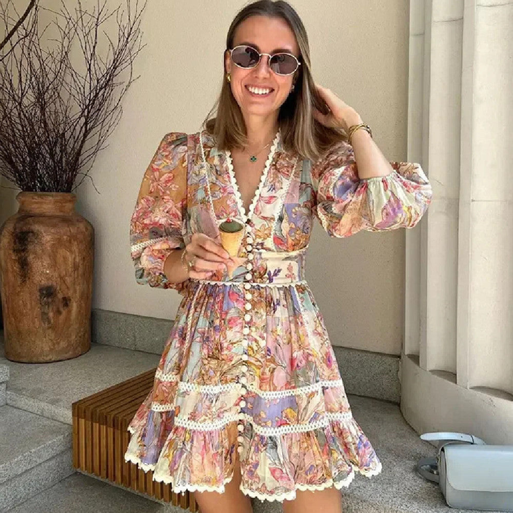 Vintage Single-breasted Printed Mini Dress