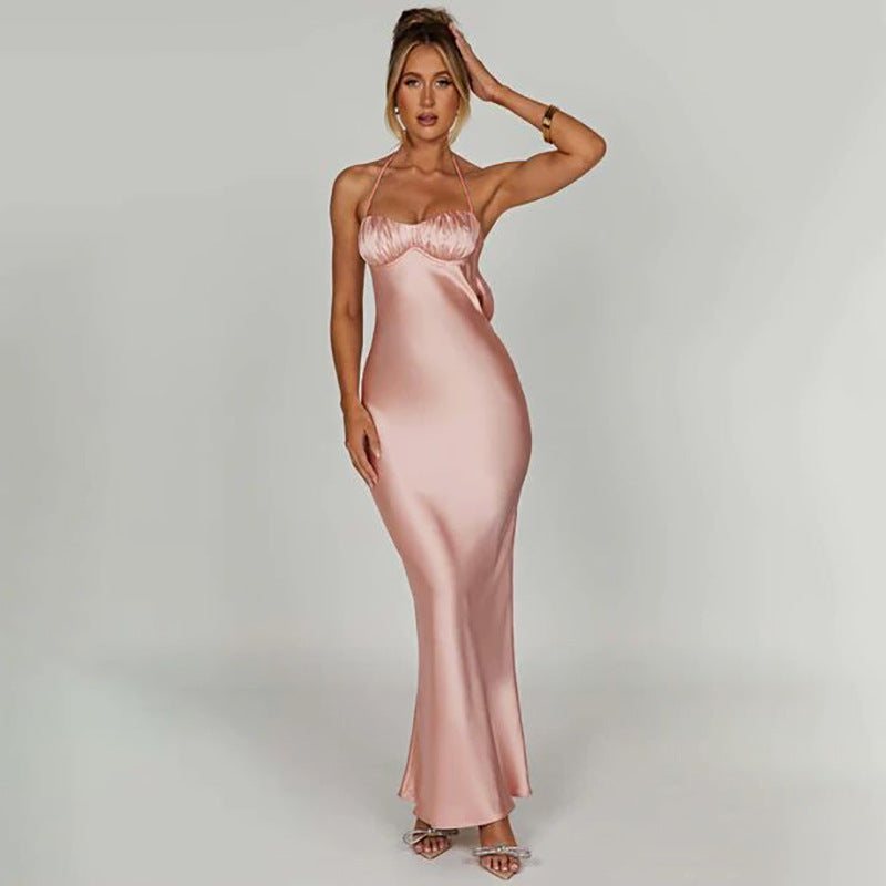 Robe sexy à col suspendu et dos ouvert pour femme, coupe ajustée, hanches enveloppées