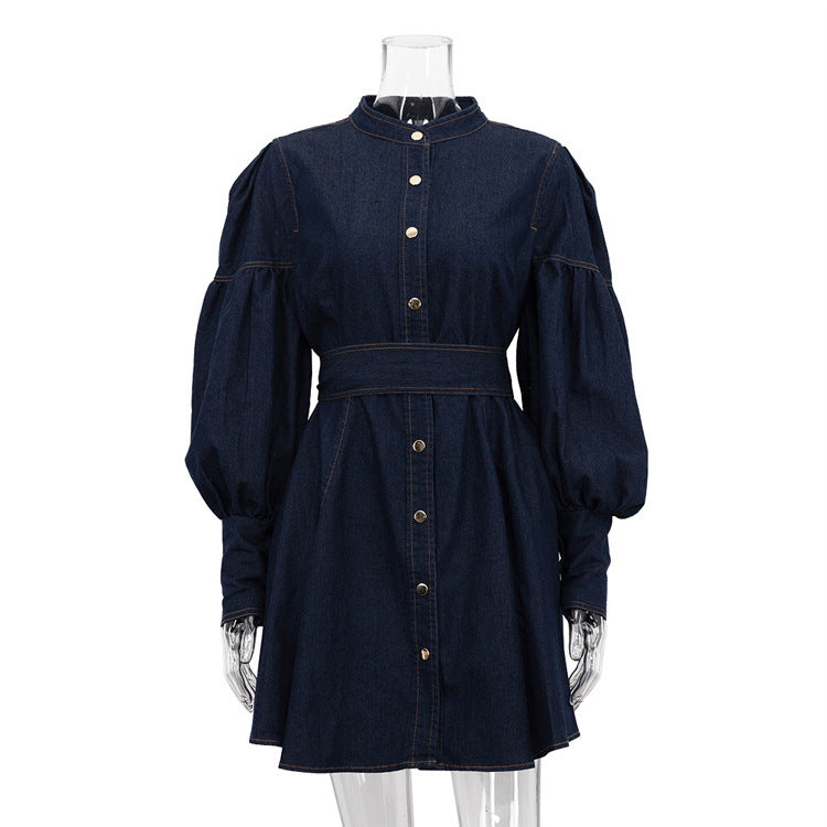 Robe chemise en jean à lacets et manches lanternes