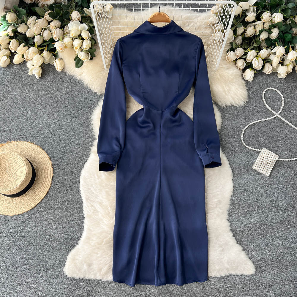 Irregular Pleated V-neck Shirt Dress Women's