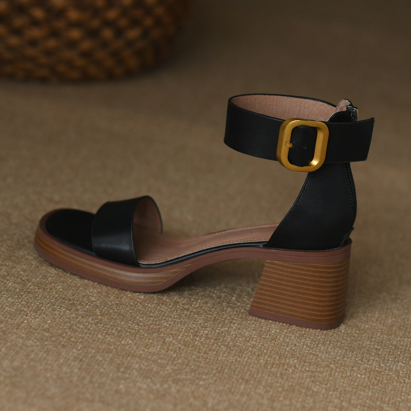Sandalias de tiras estilo británico retro con tacón grueso
