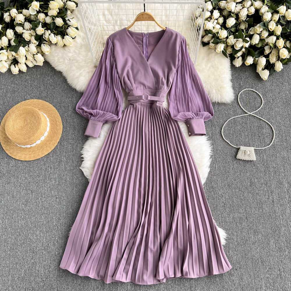 Vestido retro francés con cintura y cuello en V Royal Sister