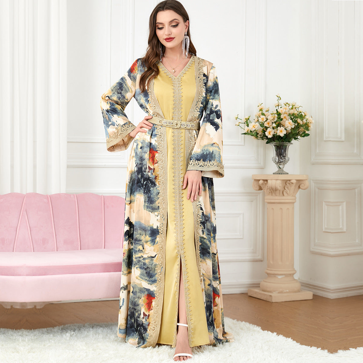 Vestido de dos piezas con escote en V y manga larga para mujer