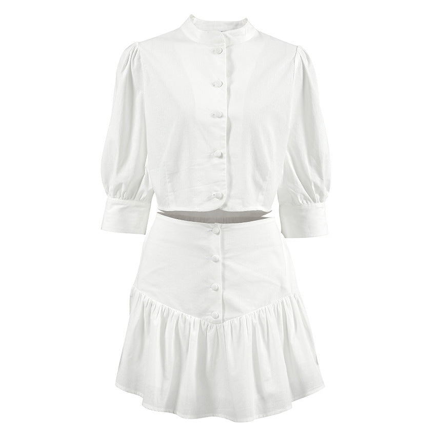 Ensemble deux pièces chemise blanche à manches lanternes et jupe courte pour femme