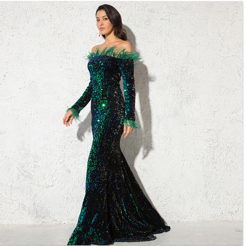 Robe de soirée formelle à épaules dénudées et queue de poisson