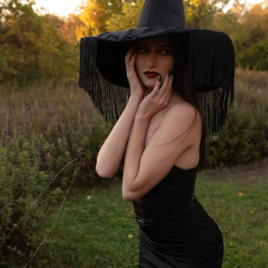 Chapeau de sorcière plissé à pompons pour Halloween, accessoires de maquillage de fête