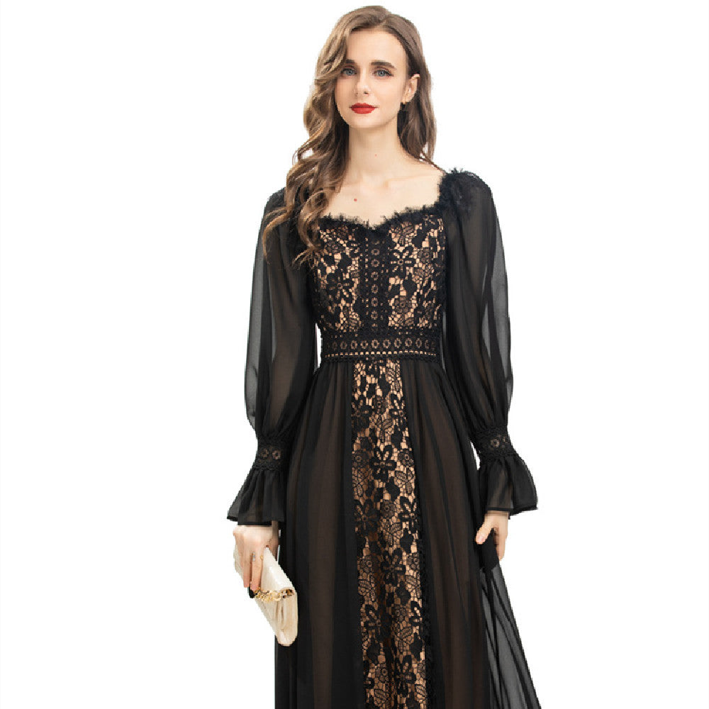 Robe coupe ajustée en maille douce et dentelle épissée de tempérament français