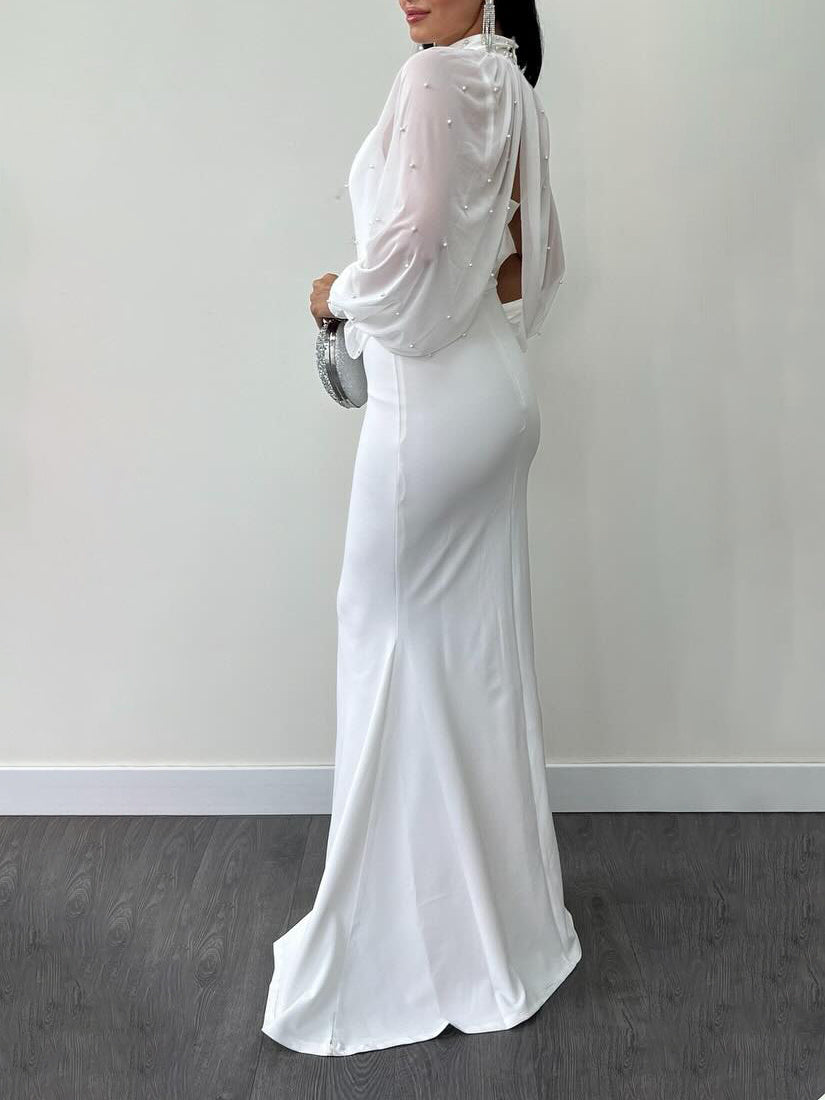 Ensemble deux pièces robe à bretelles en maille et perles à col licou