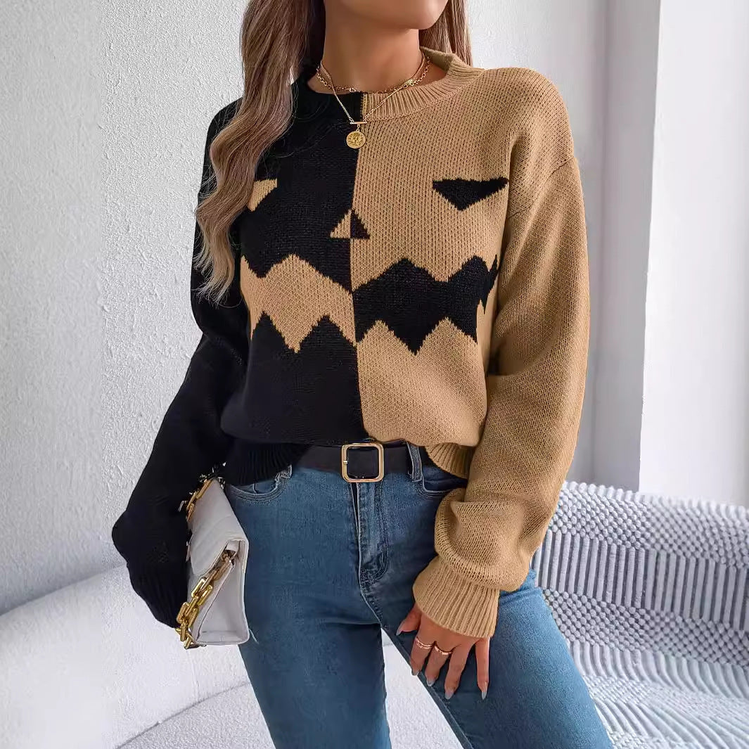 Pull d'Halloween à manches longues et couleurs contrastées pour femme