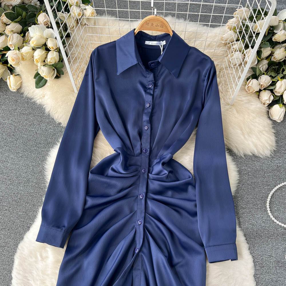 Irregular Pleated V-neck Shirt Dress Women's