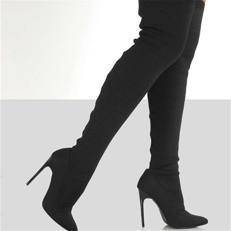 Botas de punto por encima de la rodilla con tacón alto para mujer