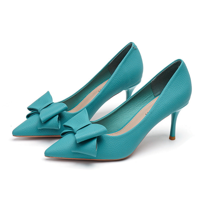 Zapatos de moda con tacón de aguja puntiagudo y lazo poco profundo