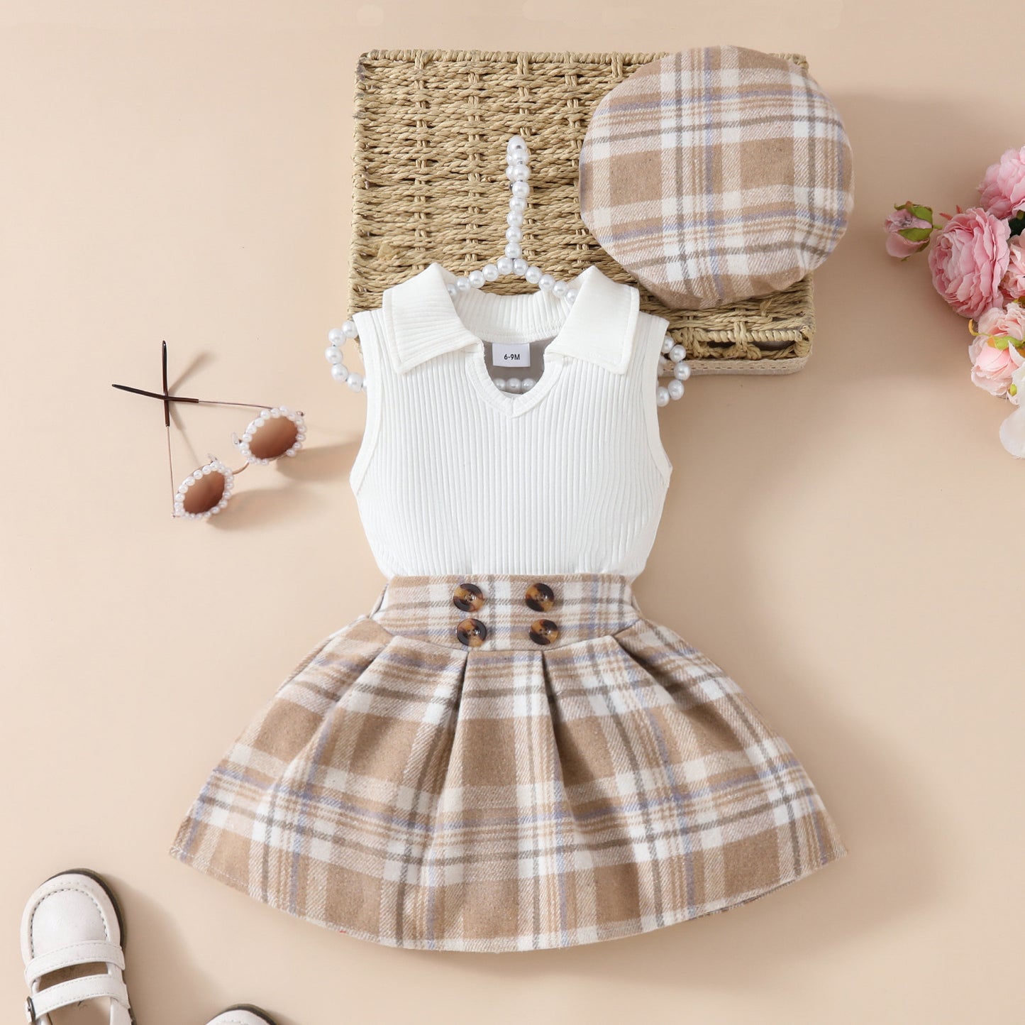 Ensemble jupe et béret à carreaux pour fille