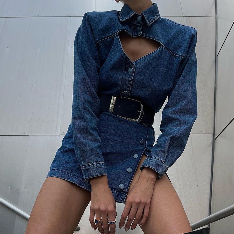 Robe trapèze en jean à manches longues pour femme