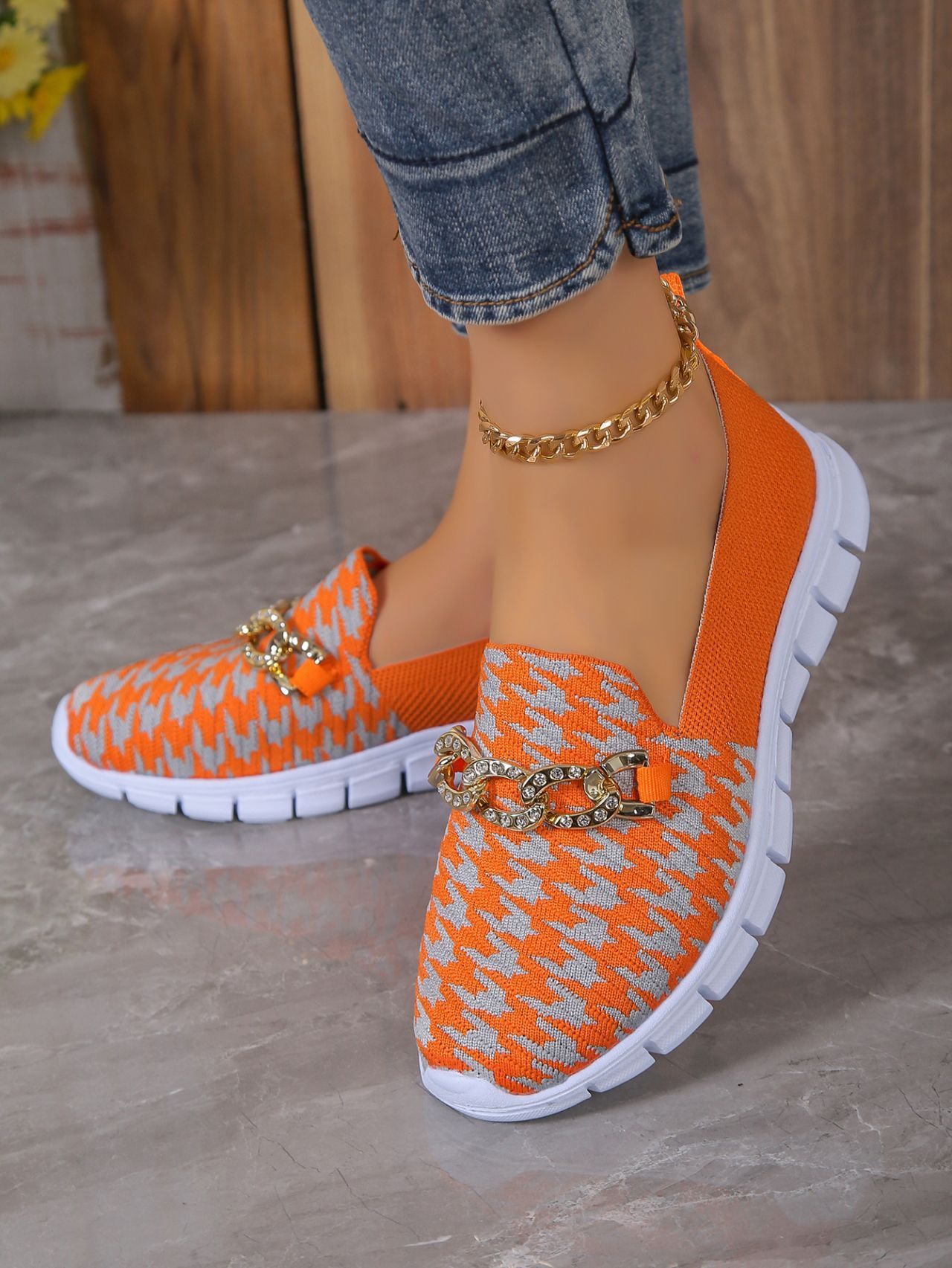 Zapatos casuales de malla con cadena y estampado de pata de gallo, zapatos planos deportivos para caminar de verano para mujer, mocasines transpirables
