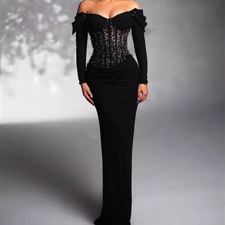 Vestido largo informal ajustado con abertura y ribete de diamantes, sin mangas, sexy, negro