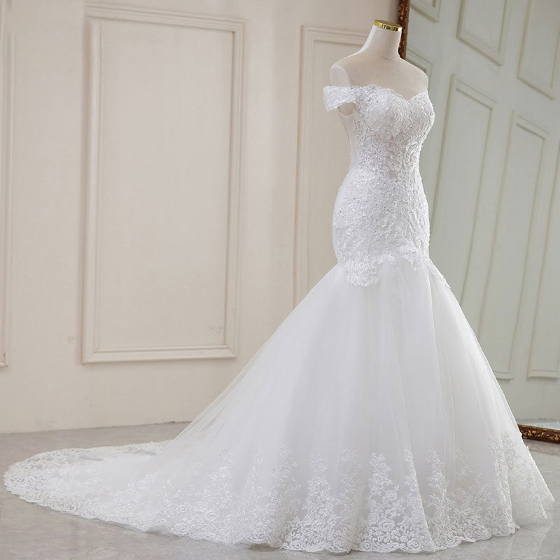 Vestido de novia con cuello en V y cola larga, cintura alta, encaje de ensueño, temperamento blanco, cintura alta