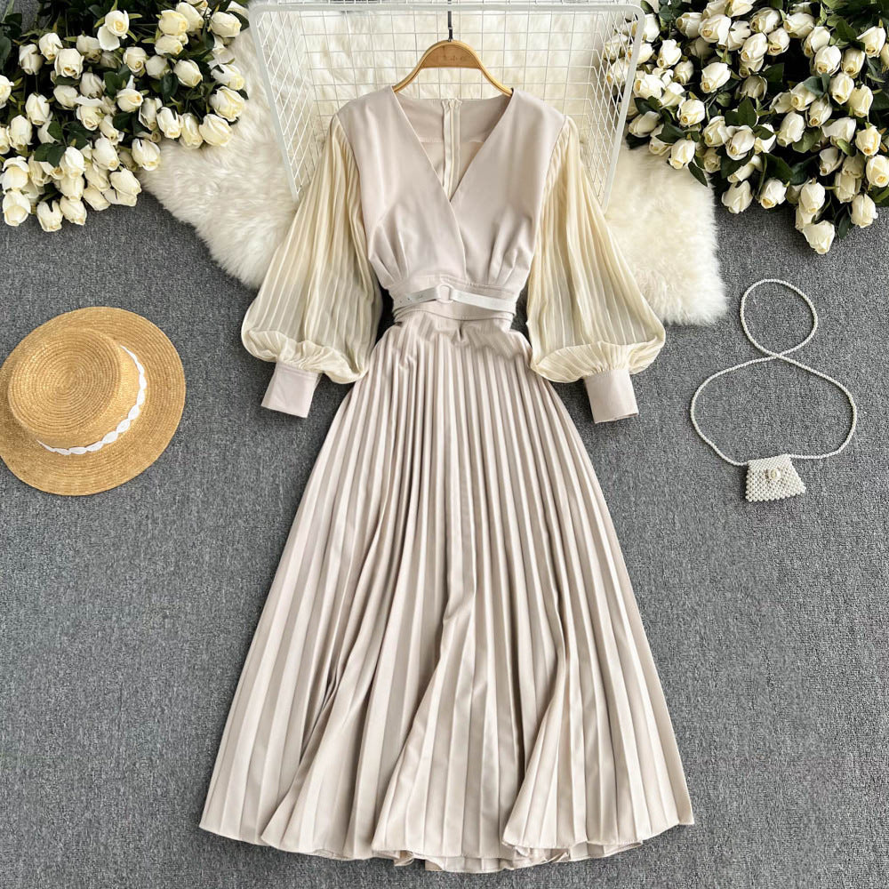 Vestido retro francés con cintura y cuello en V Royal Sister