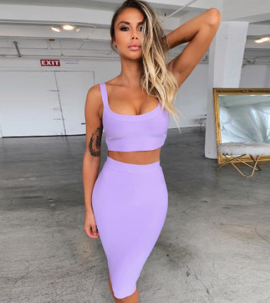 Solid Color Sling U-neck Short Top High Waist Slim Hip Skirt Bandage