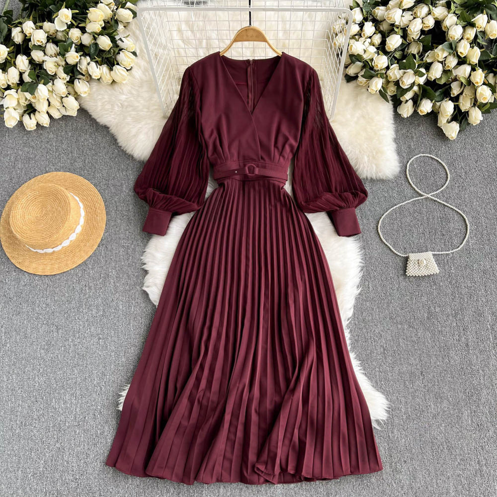 Vestido retro francés con cintura y cuello en V Royal Sister