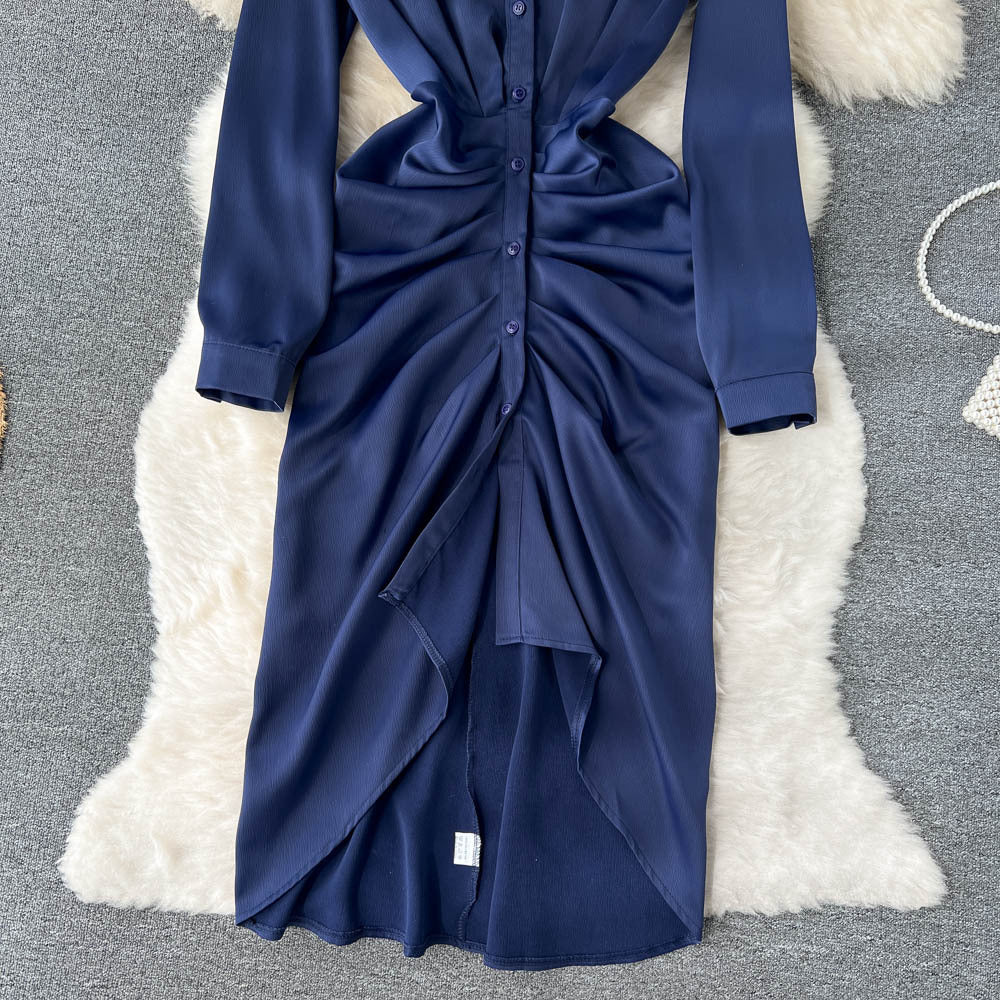 Irregular Pleated V-neck Shirt Dress Women's