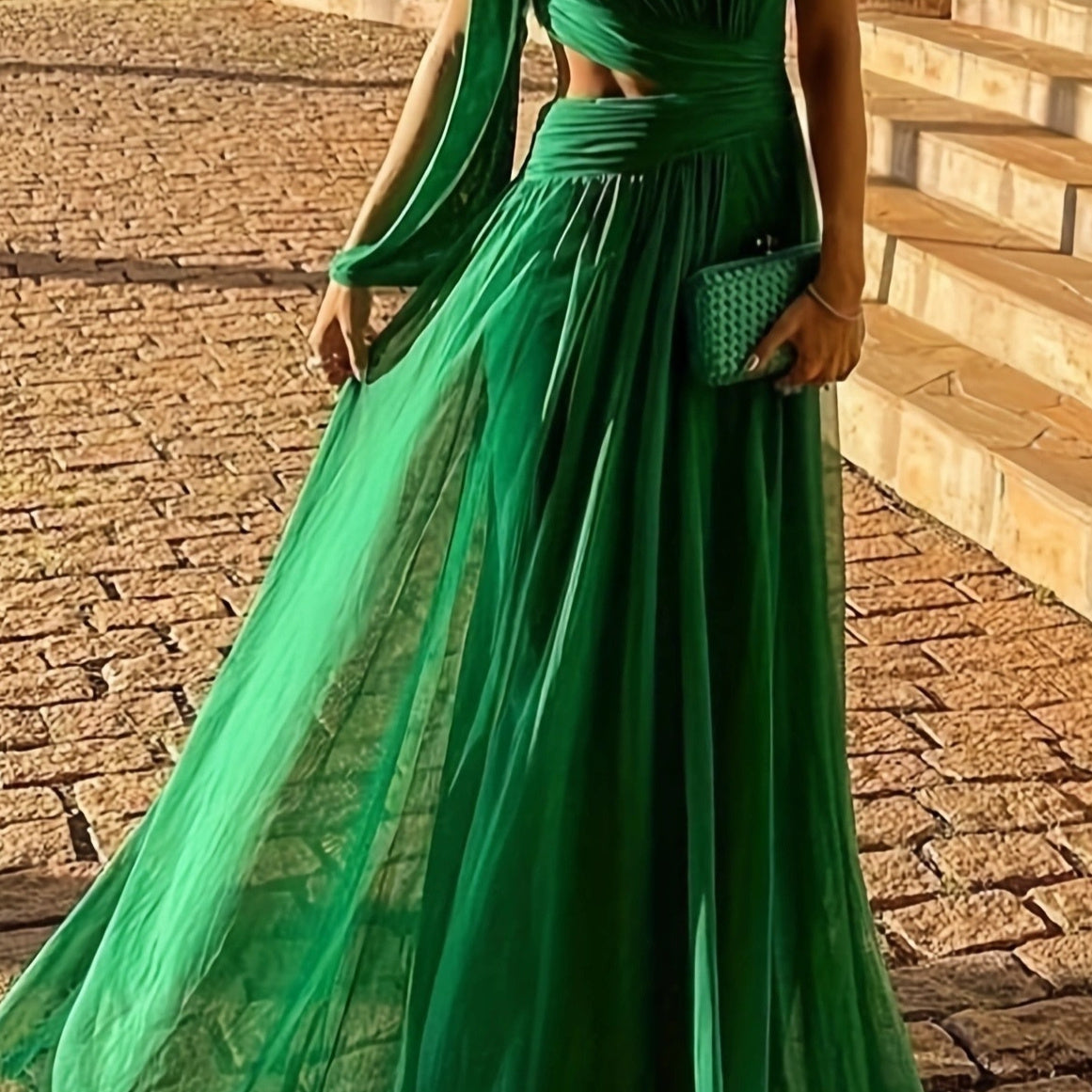 Robe longue élégante et slim, couleur unie, tenue printemps-été, asymétrique, taille basse