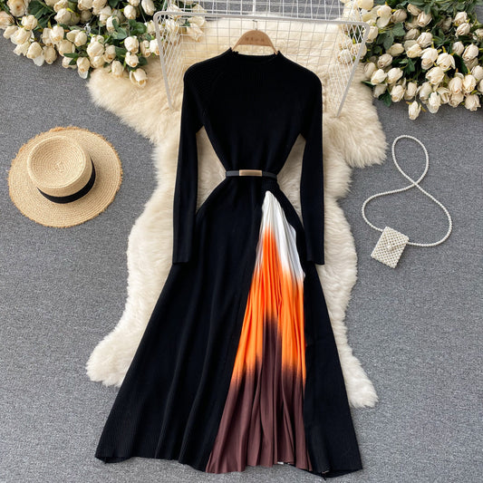 Robe élégante à taille fine plissée en tricot style Hepburn