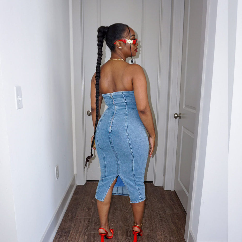 Robe tube en jean à coutures tendance et coupe slim pour femme