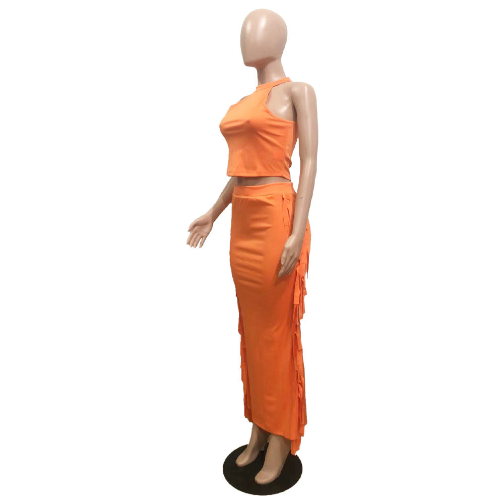 Ensemble deux pièces robe à pompons de couleur unie et licou