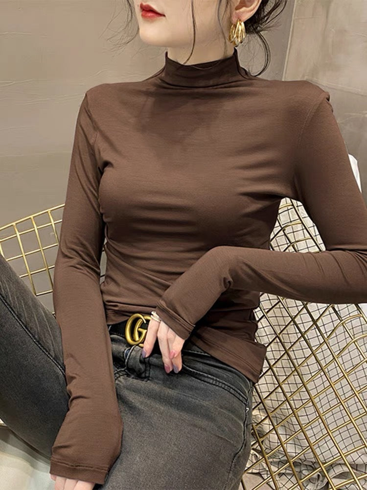 Chemise à col roulé et manches longues pour femme, en coton, avec fil intérieur