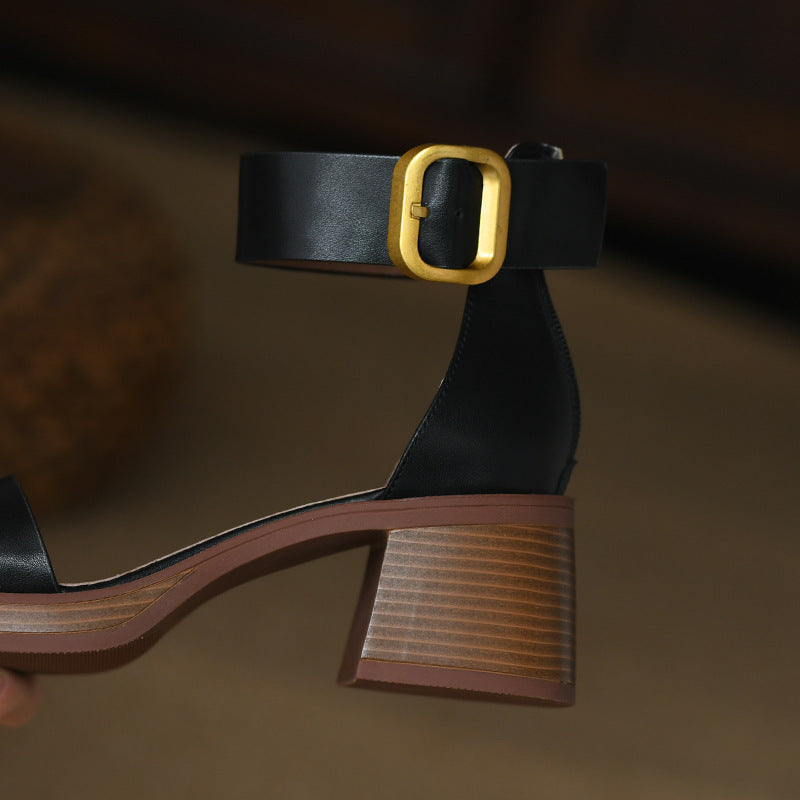 Sandalias de tiras estilo británico retro con tacón grueso