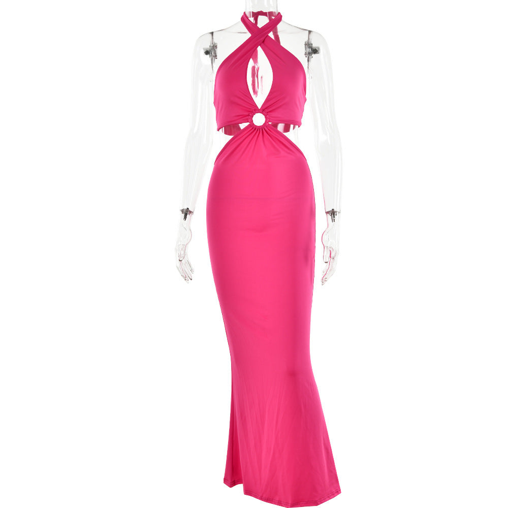 Sexy Fashion Stitching Halter Strap Backless Dress