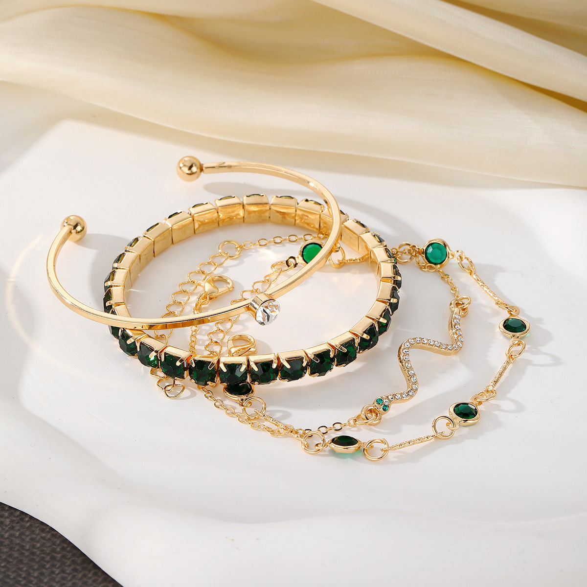 Conjunto de 4 piezas de pulsera elástica de diamantes verdes de moda para mujer