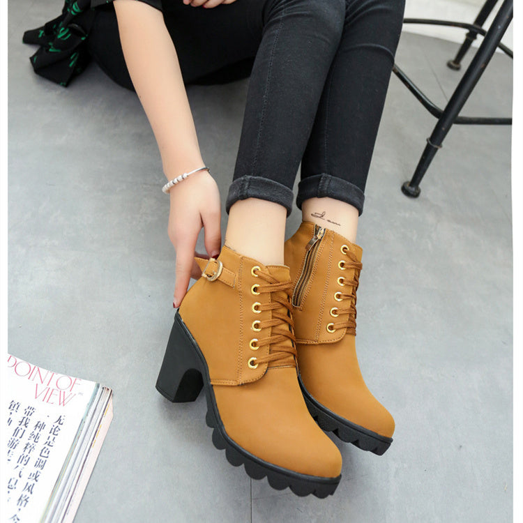 Botas de tacón de bloque grueso Botines con hebilla Zapatos de mujer