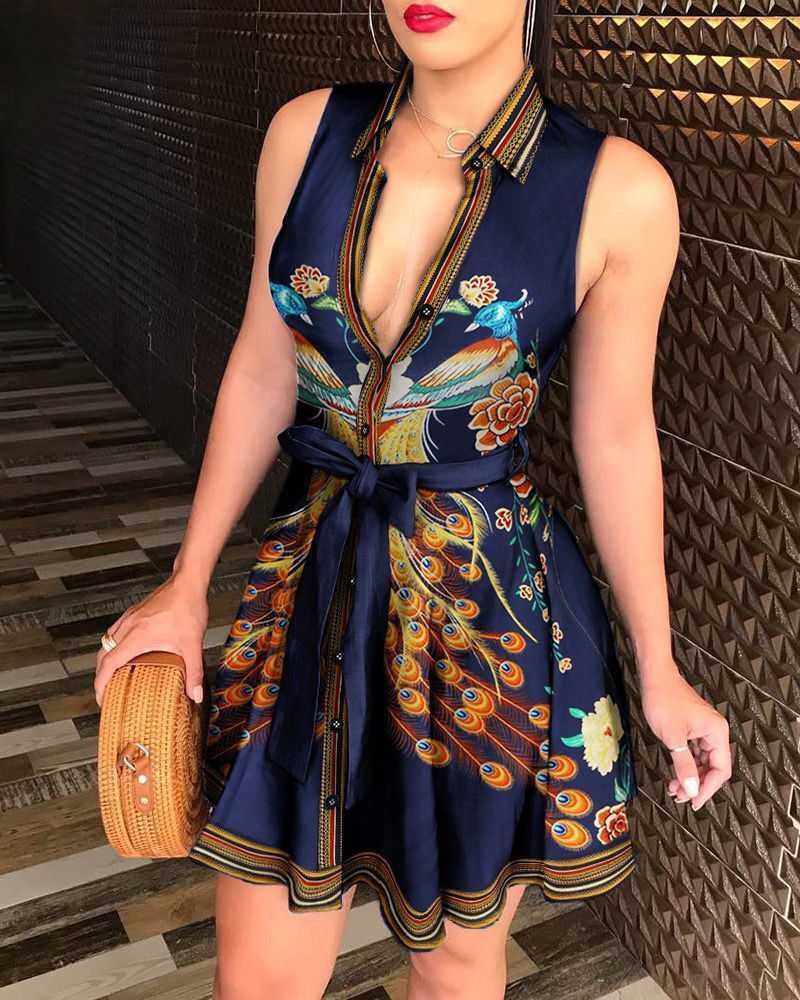 Robe imprimée sexy sans manches à col en V pour femme