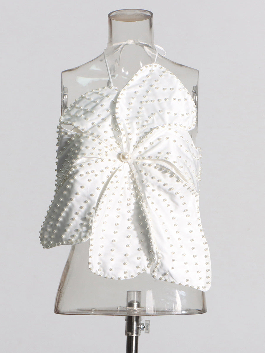 Flower Beaded Pearl Tube Top