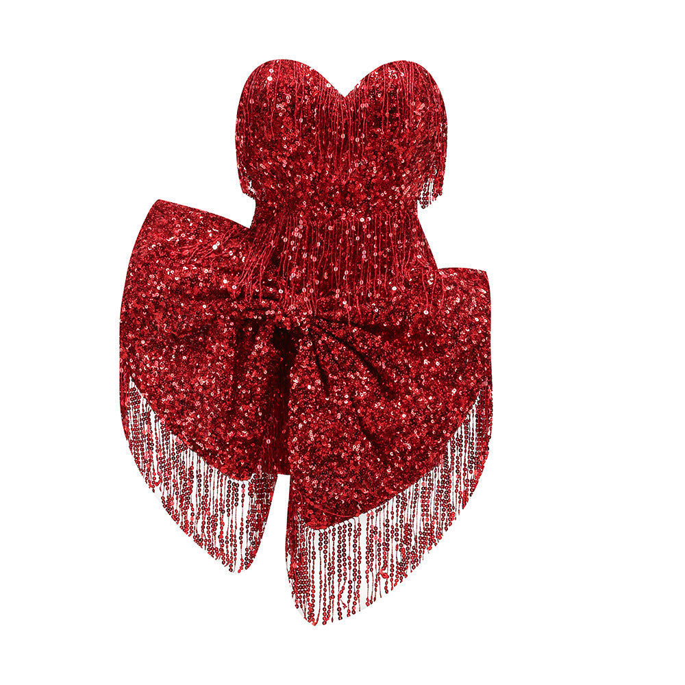 Big Tassel Bow Decoration Tube Top Sleeveless Skirt Red