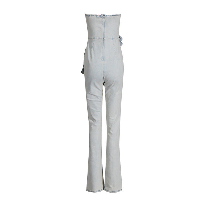 Elegant Commuter Tube Top Three-dimensional Flower High Waist Jumpsuit